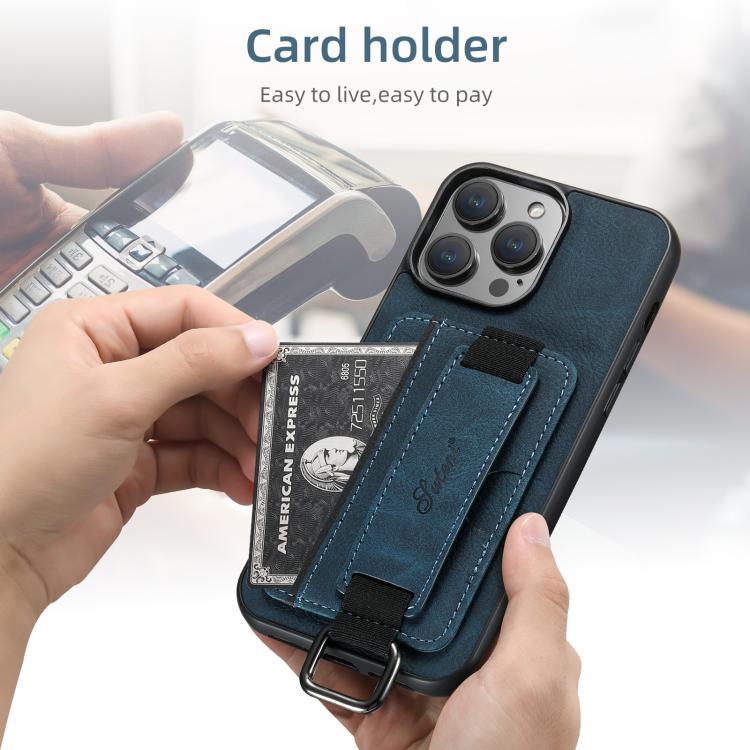 Funda para iPhone 16E Suteni H13 con Correa de Muñeca de Cuero de Lichi (Azul)