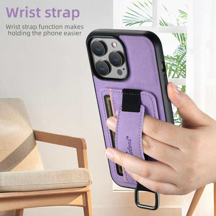 Funda para iPhone 16E Suteni H13 con Correa de Muñeca Cuero de Lichi (Morado)