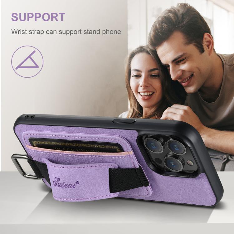 Funda para iPhone 16E Suteni H13 con Correa de Muñeca Cuero de Lichi (Morado)