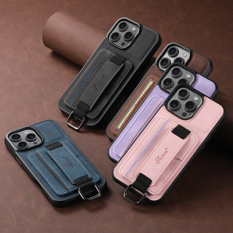 Funda para iPhone 16E Suteni H13 con Correa de Muñeca de Cuero de Lichi (Rosa)