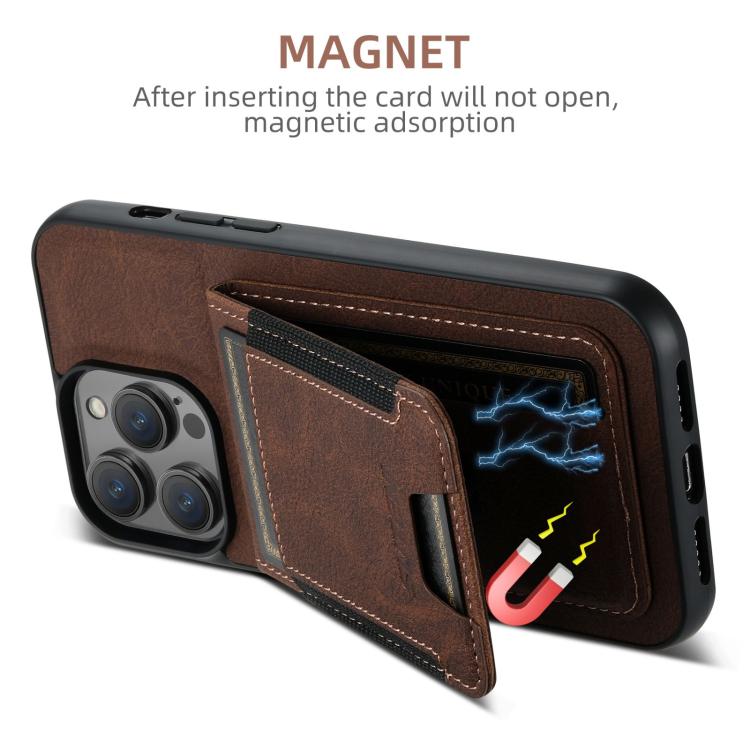 Funda para iPhone 16E Suteni H03 Piel de Lichi TaRJetero y Atril (Marrón)