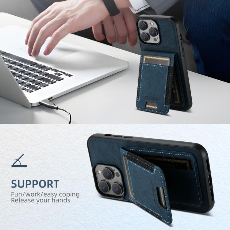 Funda para iPhone 16E Suteni H03 TaRJetero Piel de Lichi Parte Trasera Soporte (Azul)