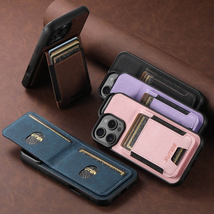 Funda para iPhone 16E Suteni H03 Piel de Lichi TaRJetero y Atril (Marrón)