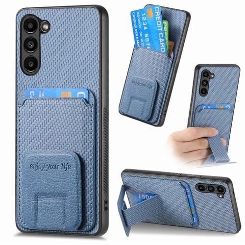 Funda para Teléfono Samsung Galaxy S21 5G con Soporte Plegable y Bolsa para Tarjetas de Fibra de Carbono (Azul)