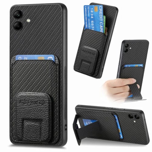 Funda para Teléfono Samsung Galaxy A04 4G con Soporte Plegable y Bolsa para Tarjetas de Fibra de Carbono (Negro)