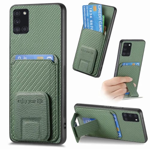 Funda para Teléfono Samsung Galaxy A31 con Soporte Plegable y Bolsa para Tarjetas Fibra de Carbono (Verde)