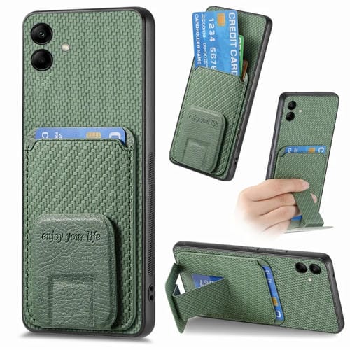 Funda para Teléfono Samsung Galaxy A05 con Soporte Plegable y Bolsa para Tarjetas de Fibra de Carbono (Verde)