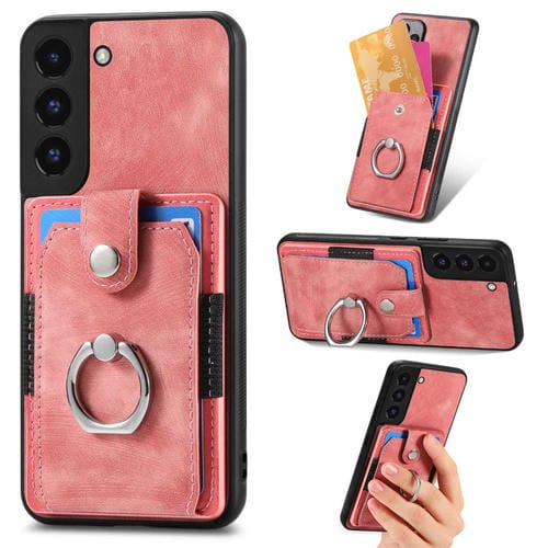 Funda para Teléfono Samsung Galaxy S22+ 5G con Billetera, Tarjeta, Anillo y Sensación de Piel Retro (Rosa)