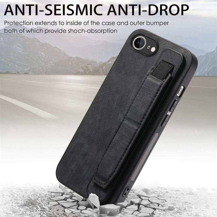 Funda de Cuero para iPhone 16E con Parte Trasera y Soporte para Pulsera (Negro)
