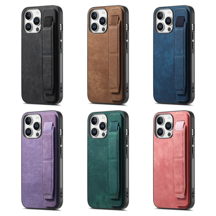Funda de Cuero para iPhone 16E con Parte Trasera y Soporte para Pulsera (Azul)