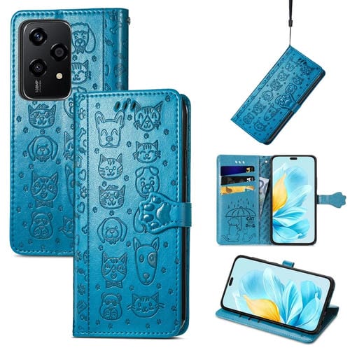 Funda para Teléfono For Honor 200 Lite Cuero con Relieve de Perro y Gato (Azul)