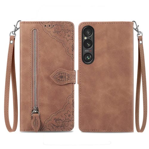 Funda de Cuero para Sony Xperia 10 Vi con Cremallera y Flores en Relieve (Marrón)