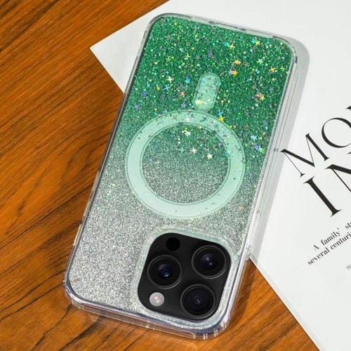 Funda MagSafe con purpurina degradada y estrellas para iPhone 16 Pro (verde degradado)