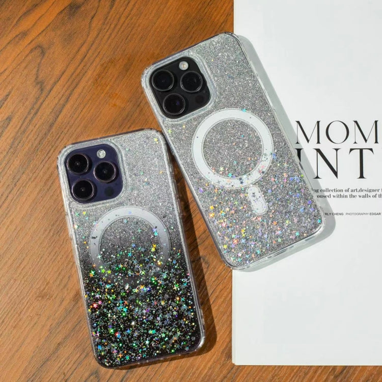Funda MagSafe con purpurina y estrellas para iPhone 16e (negro degradado)