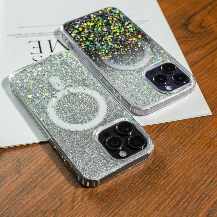 Funda MagSafe con purpurina degradada y estrellas para iPhone 16e (verde degradado)