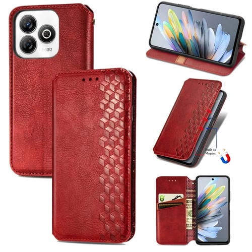 Funda Cuero Magnética con Rejilla Cúbica Prensada para ZTE Blade A75 4G (Roja)
