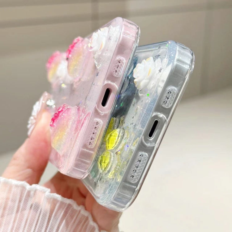 Funda para Teléfono TPU Epoxi iPhone 15 Purpurina Floral 3D (Fresa Rosa) - MOVILSTORE