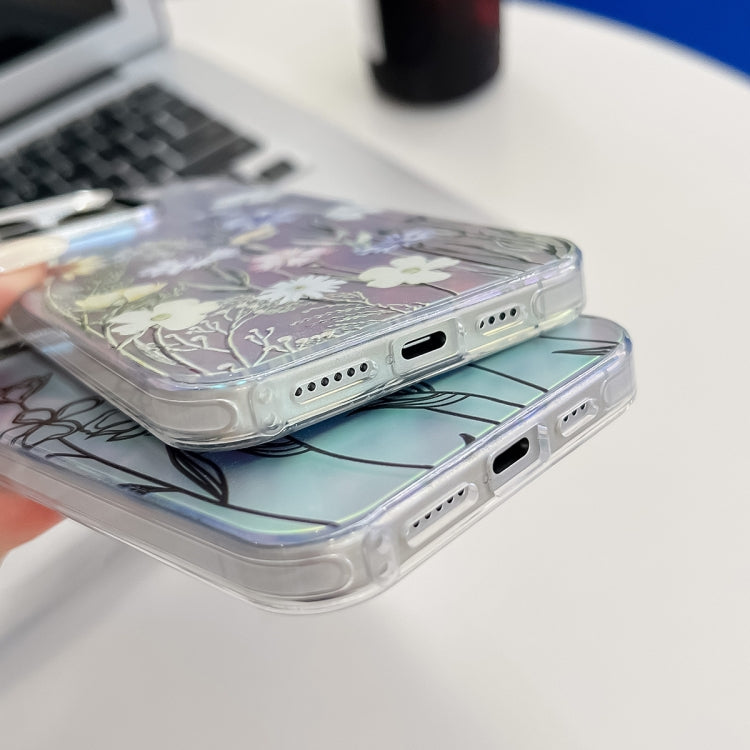 Caja de teléfono TPU para iPhone 15 con textura de flor láser y galvanoplastia (Flores Dibujadas Ah3) - MOVILSTORE