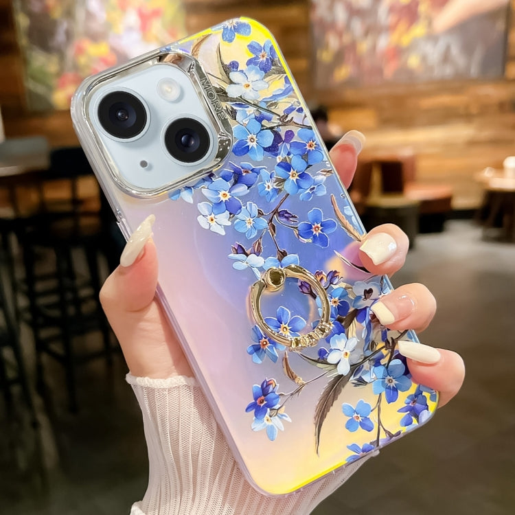 Caja de teléfono TPU para iPhone 15 con Soporte de Anillo y Flor Láser de Galvanoplastia (Myosotis Ah2) - MOVILSTORE