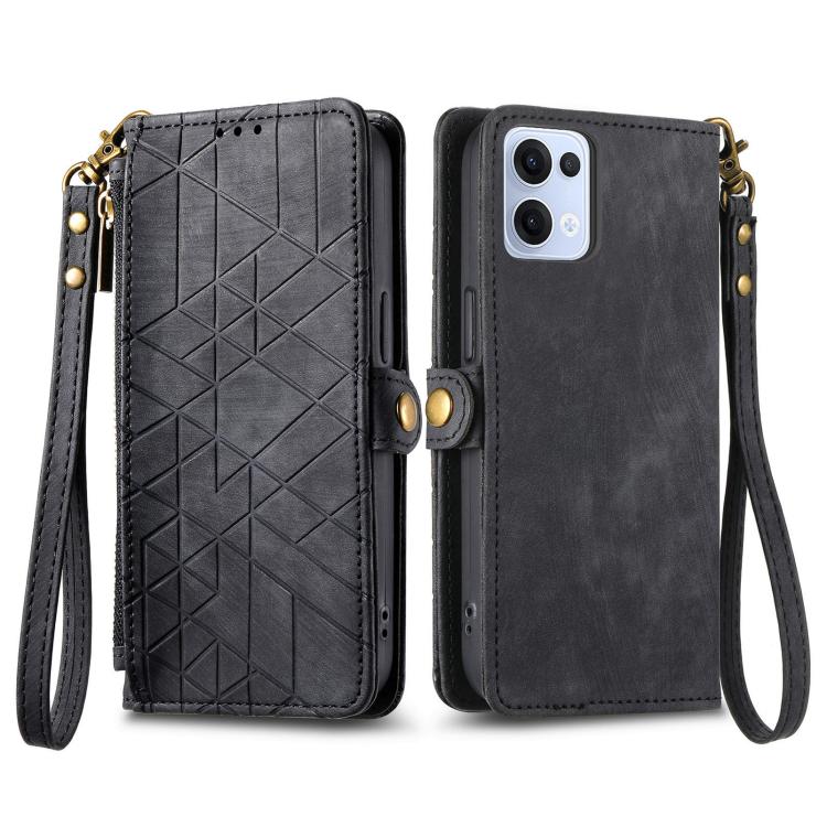Funda de Cuero con Hebilla Lateral y Cremallera Geométrica para Oppo Reno13 Pro (Negra)