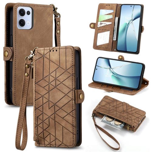 Funda de Cuero con Hebilla Lateral y Cremallera Geométrica para Oppo Reno13 Pro (Marrón)
