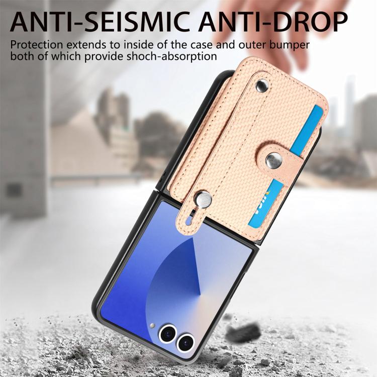 Funda trasera con función atril para Samsung Galaxy Z Flip7 5G, con correa para la muñeca y tarjetero (caqui)