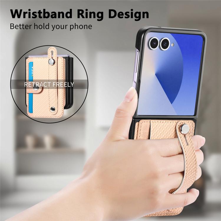 Funda trasera con función atril para Samsung Galaxy Z Flip7 5G, con correa para la muñeca y tarjetero (caqui)