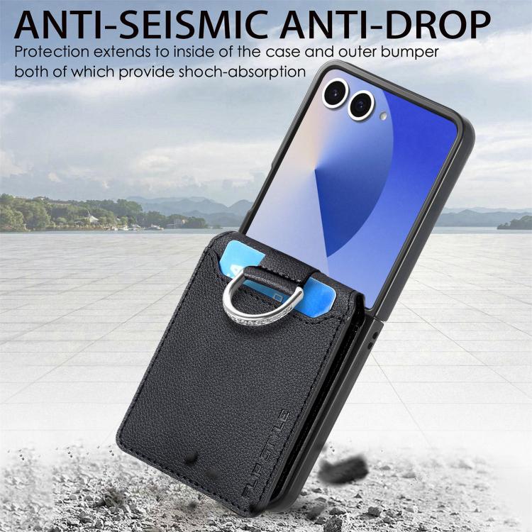 Funda tipo cartera con anillo de cuero con textura de lichi para Samsung Galaxy Z Flip7 5G (negra)
