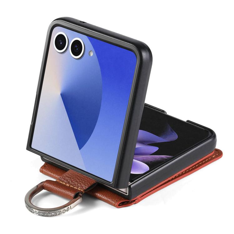 Funda tipo cartera con anillo de cuero con textura de lichi para Samsung Galaxy Z Flip7 5G (marrón)