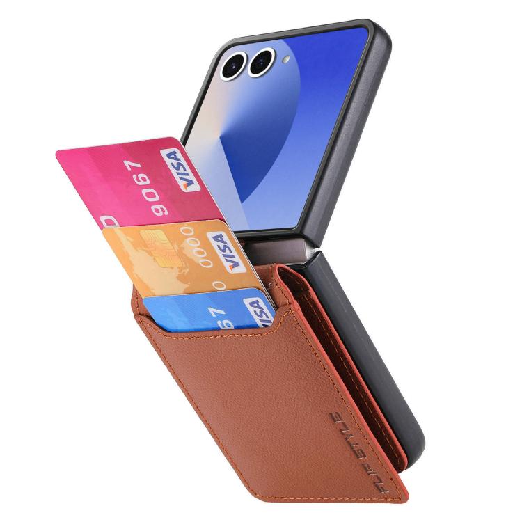 Funda tipo cartera con anillo de cuero con textura de lichi para Samsung Galaxy Z Flip7 5G (marrón)