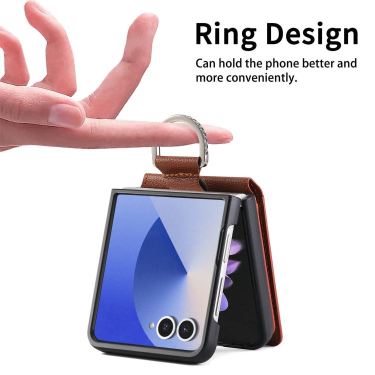 Funda tipo cartera con anillo de cuero con textura de lichi para Samsung Galaxy Z Flip7 5G (marrón)
