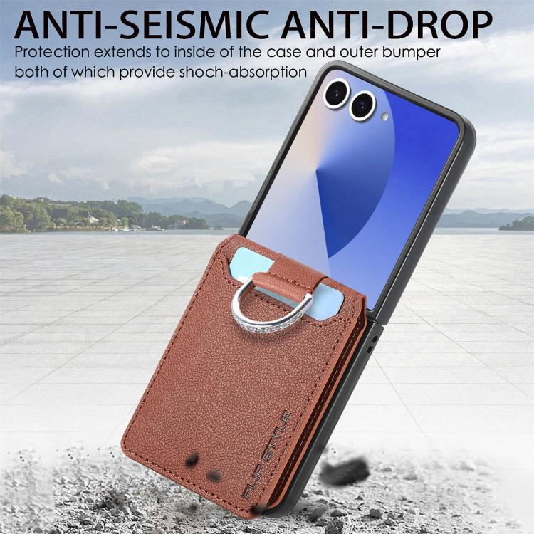 Funda tipo cartera con anillo de cuero con textura de lichi para Samsung Galaxy Z Flip7 5G (marrón)