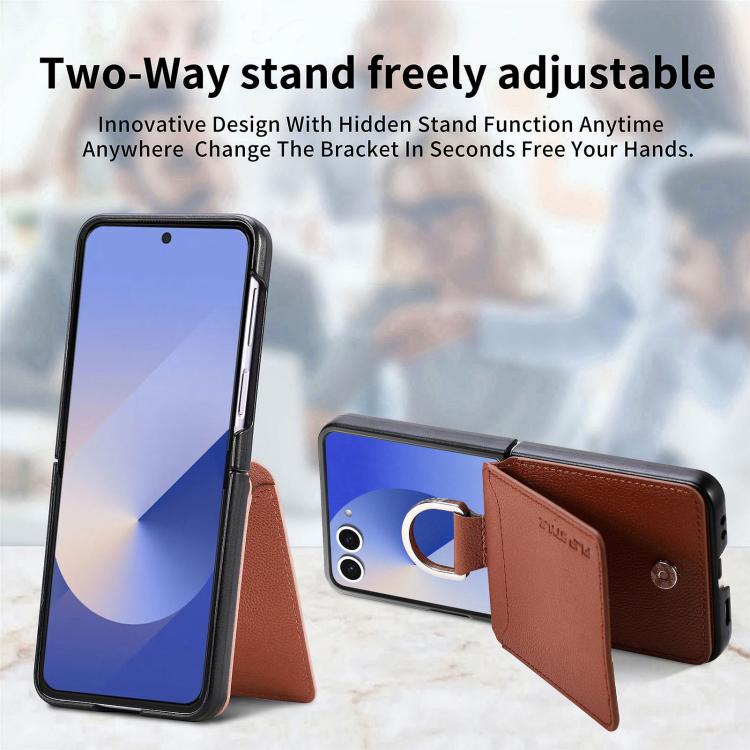 Funda tipo cartera con anillo de cuero con textura de lichi para Samsung Galaxy Z Flip7 5G (marrón)