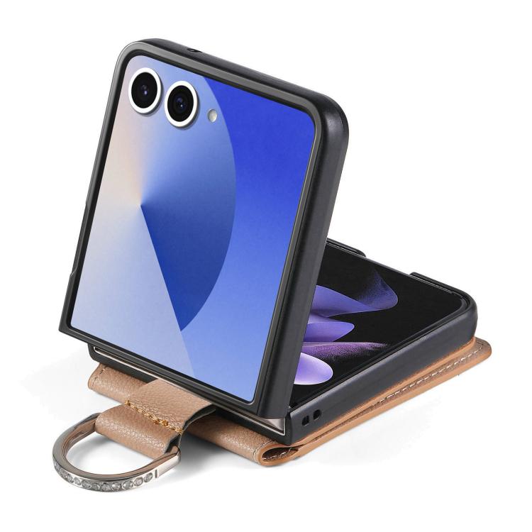 Funda tipo cartera con anillo de cuero con textura de lichi para Samsung Galaxy Z Flip7 5G (caqui)