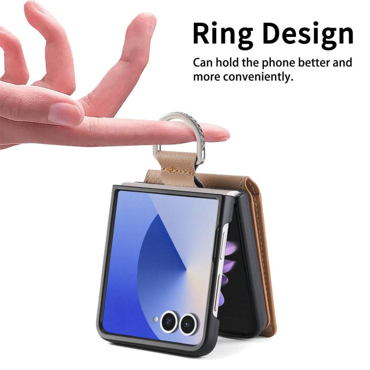 Funda tipo cartera con anillo de cuero con textura de lichi para Samsung Galaxy Z Flip7 5G (caqui)