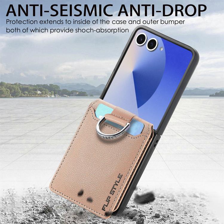 Funda tipo cartera con anillo de cuero con textura de lichi para Samsung Galaxy Z Flip7 5G (caqui)