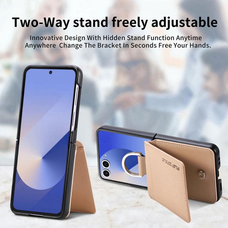 Funda tipo cartera con anillo de cuero con textura de lichi para Samsung Galaxy Z Flip7 5G (caqui)