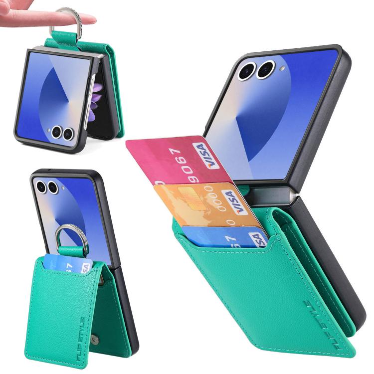 Funda tipo cartera con anillo de cuero con textura de lichi para Samsung Galaxy Z Flip7 5G (verde)