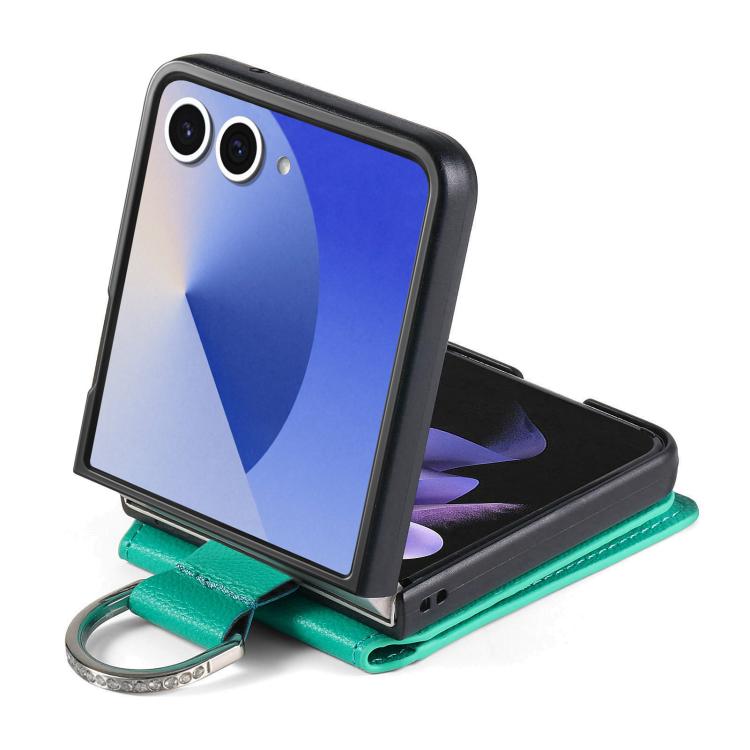 Funda tipo cartera con anillo de cuero con textura de lichi para Samsung Galaxy Z Flip7 5G (verde)