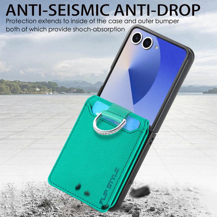 Funda tipo cartera con anillo de cuero con textura de lichi para Samsung Galaxy Z Flip7 5G (verde)