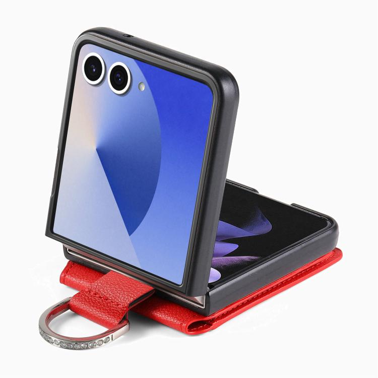 Funda tipo cartera con anillo de cuero con textura de lichi para Samsung Galaxy Z Flip7 5G (roja)