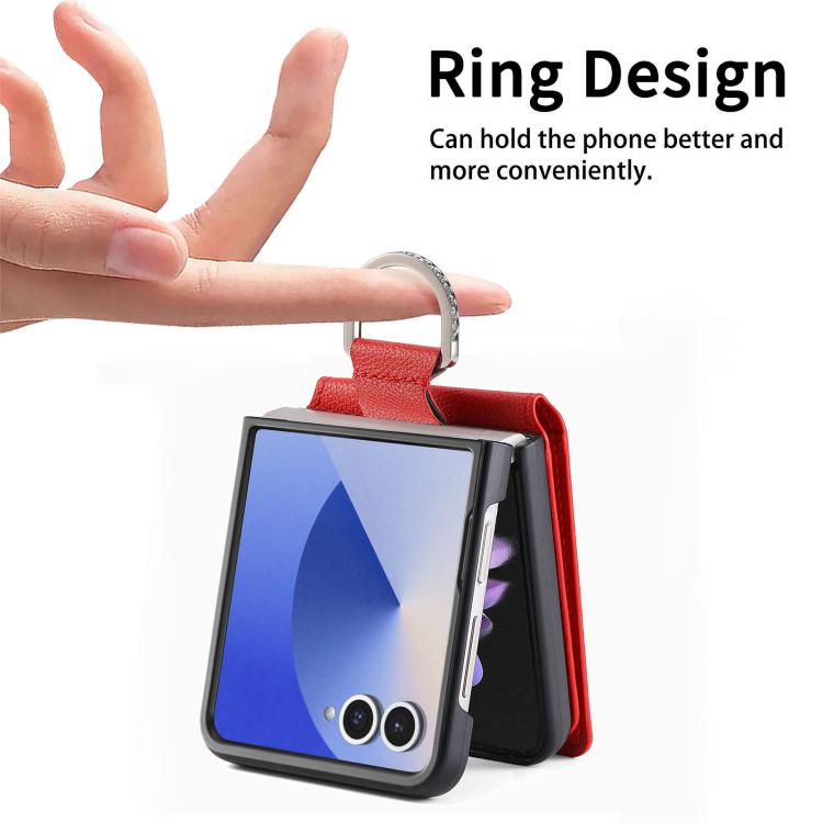 Funda tipo cartera con anillo de cuero con textura de lichi para Samsung Galaxy Z Flip7 5G (roja)