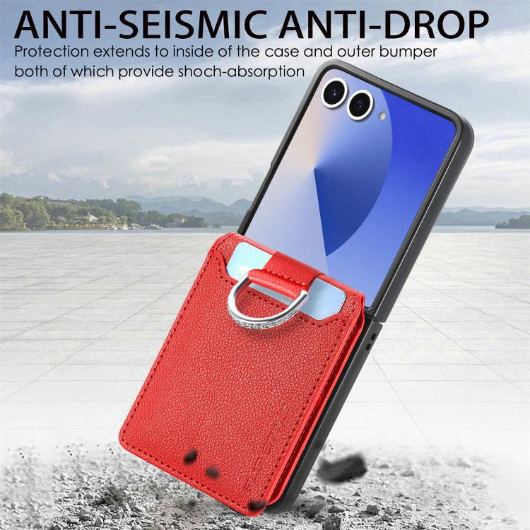Funda tipo cartera con anillo de cuero con textura de lichi para Samsung Galaxy Z Flip7 5G (roja)