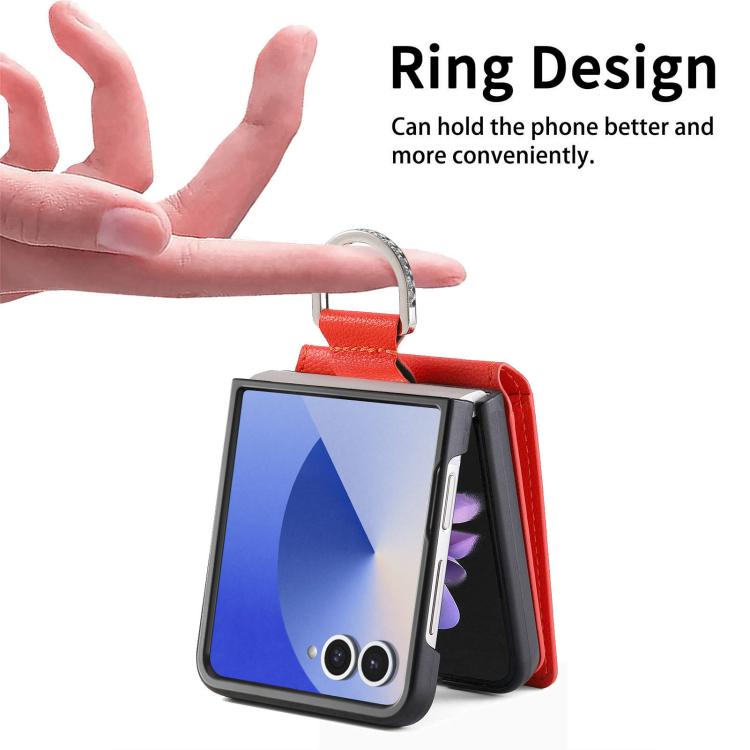 Funda tipo cartera con anillo de cuero con textura de lichi para Samsung Galaxy Z Flip7 5G (naranja)