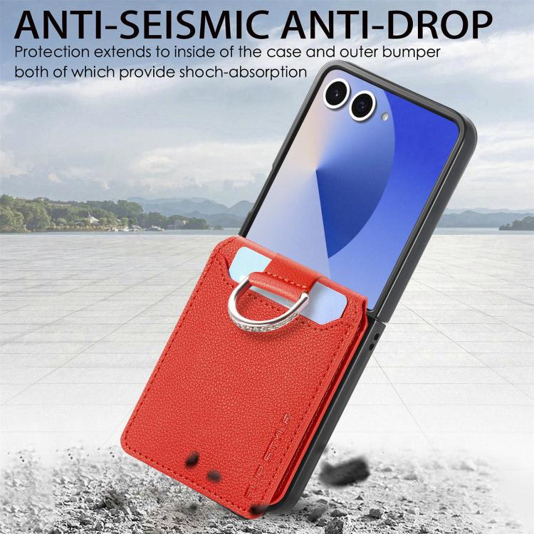 Funda tipo cartera con anillo de cuero con textura de lichi para Samsung Galaxy Z Flip7 5G (naranja)