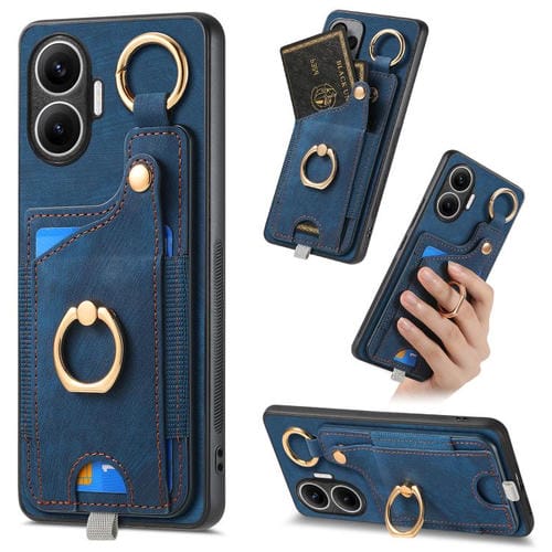 Funda para Redmi Turbo 4 Pro con diseño retro de piel sintética, con anillo y asa para colgar (azul)
