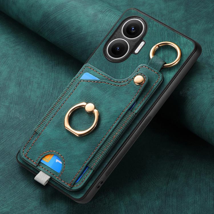 Funda para Redmi Turbo 4 Pro con diseño retro de piel sintética y anillo para tarjetas, con asa para colgar (verde)