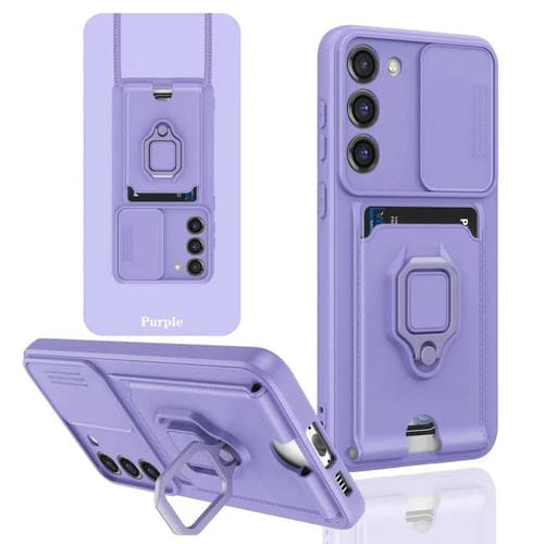 Funda de silicona con soporte magnético para tarjetas y cierre deslizante para Samsung Galaxy A26 5G (morado claro)