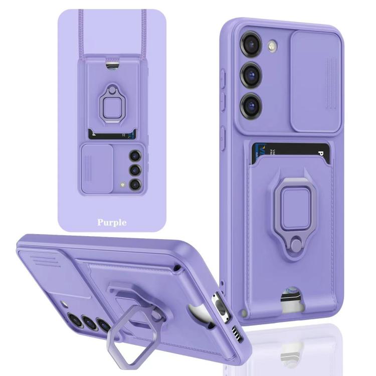 Funda de silicona con soporte magnético para tarjetas y cierre deslizante para Samsung Galaxy A26 5G (morado claro)