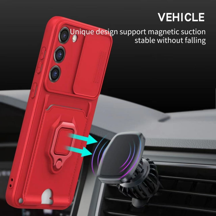 Funda de silicona con soporte magnético para tarjetas y cierre deslizante para Samsung Galaxy A56 5G (roja)